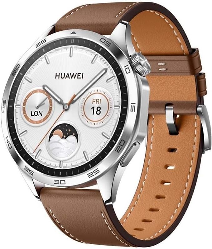 Huawei Watch GT 4 46 mm argent avec bracelet cuir marron