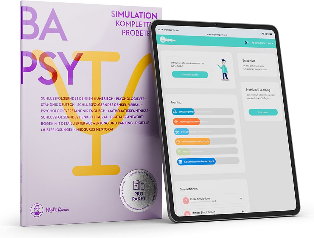 MedGurus - BaPsy-DGPs Vorbereitung - Pro Paket – Simulationsbuch & E-Learning mit über 1.250 Übungsaufgaben - zur Vorbereitung auf den Studieneignungstest Psychologie