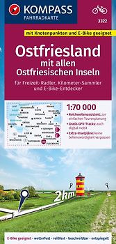 KOMPASS Fahrradkarte 3322 Ostfriesland mit allen Ostfriesischen Inseln mit Knotenpunkten 1:70.000