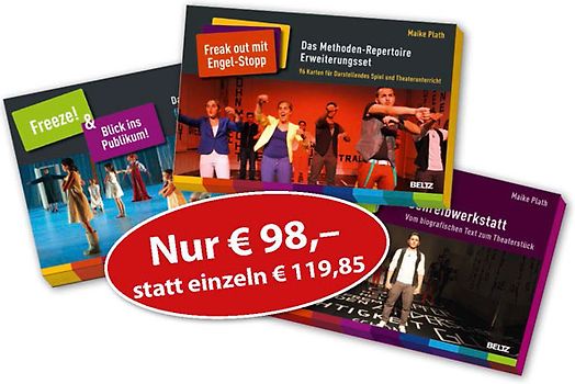 'Freeze!' & 'Blick ins Publikum!','Freak out mit Engel-Stopp' und 'Als ich einmal sehr glücklich war ...' - Schreibwerkstatt im 3er-Set. Je 96 Karten (B5-Karton) mit 12-seitigem Booklet in Klappbox