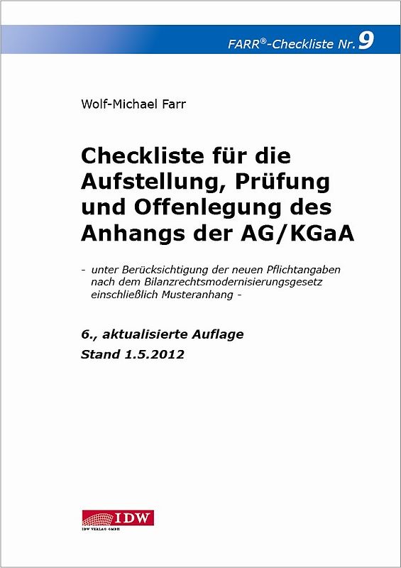 Checkliste für die Aufstellung, Prüfung und Offenlegung des Anhangs der AG/KGaA