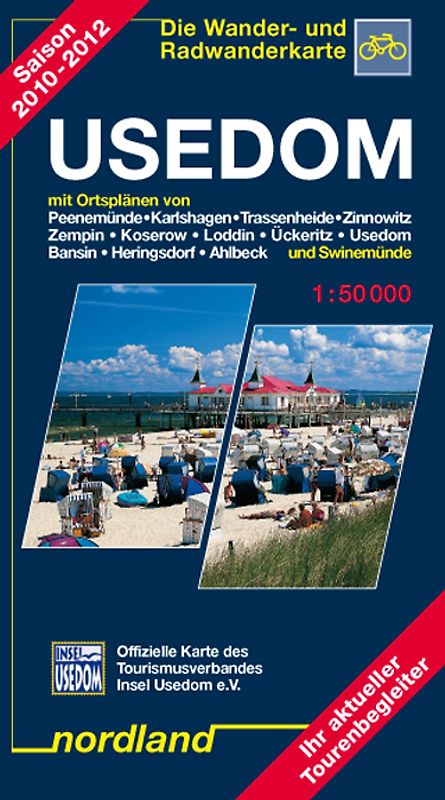 Usedom mit Ortsplänen von Peenemünde, Karlshagen, Trassenheide, Zinnowitz, Zempin, Koserow, Loddin, Ückeritz, Usedom, Bansin, Heringsdorf, Ahlbeck und Swinemünde