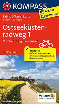 KOMPASS Fahrrad-Tourenkarte Ostseeküstenradweg 1, von Flensburg nach Lübeck 1:50.000