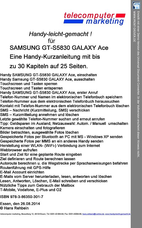 Samsung GT-S5830 GALAXY Ace leicht-gemacht. Handy-leicht-gemacht für Samsung GT-S5830 GALAXY Ace