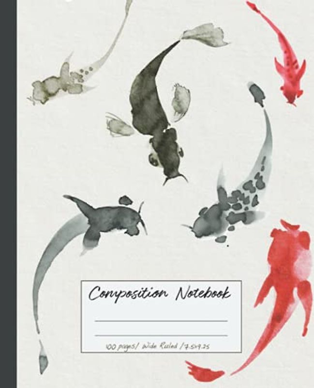 Composition Notebook: Sumi e notebook. Wide ruled beautiful ink wash style Japanese minimalist black and white watercolor illustration. Wide ruled aesthetic composition notebook.