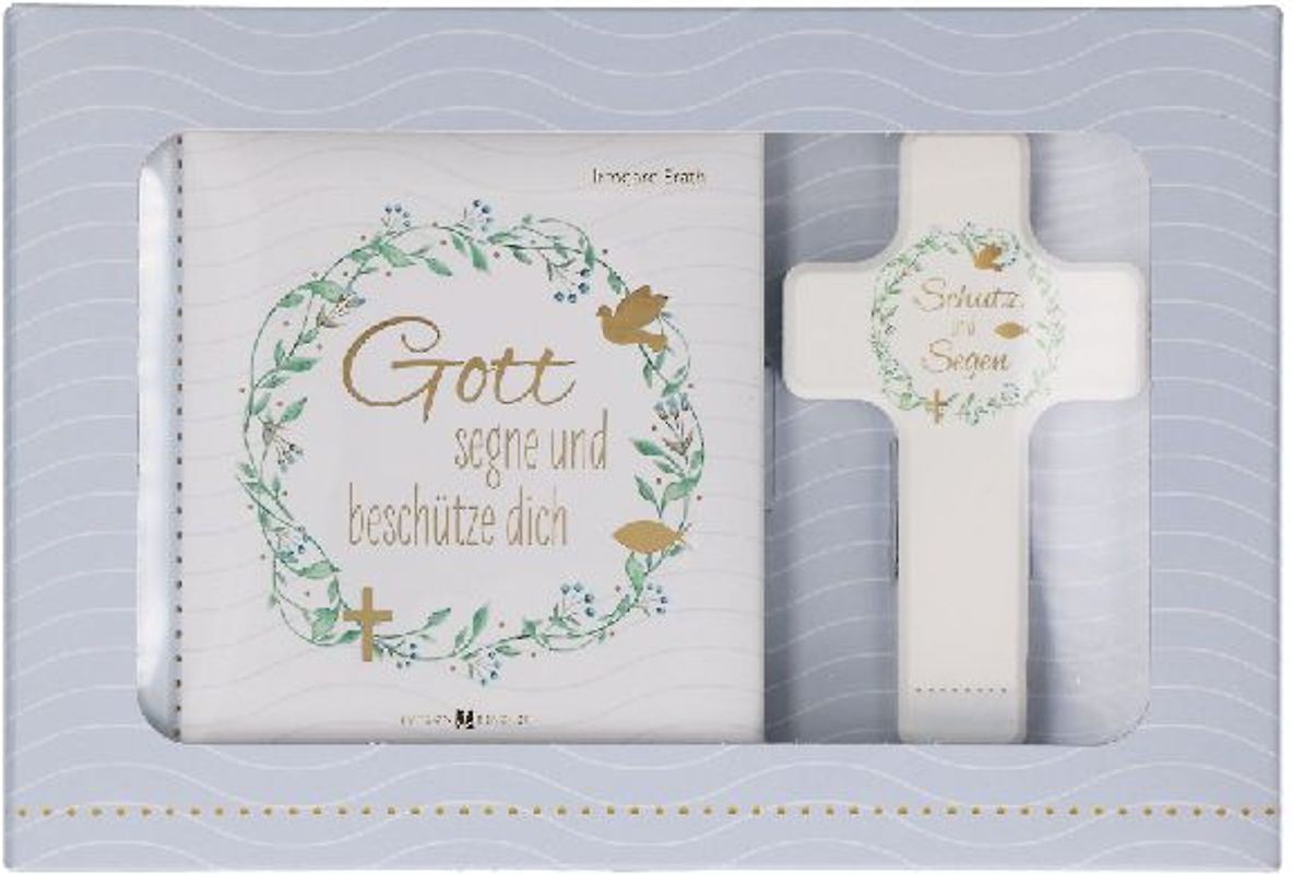 Butzon & Bercker Geschenkset zur Taufe 15 x 22 x 2 cm - Holzkreuz aus Buchenholz weiß lackiert mit Taufspruch, gebundenes Buch 11 x 11 cm, Lieferung in Geschenkverpackung
