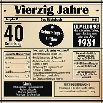Vierzig Jahre Das Gästebuch: Zum 40 Geburtstag / Geburtsjahr 1981 / Zeitung Design Mit Ereignissen Im Jahre 81 / Geschenk Und Geburtstagsdeko / Platz Für Glückwünsche Und Fotos