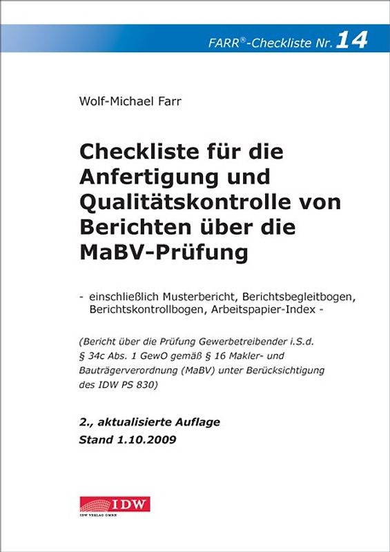 Checkliste für die Anfertigung und Qualitätskontrolle von Berichten über die MaBV-Prüfung