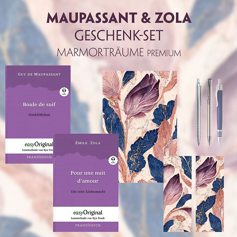 Guy de Maupassant & Émile Zola Geschenkset - 2 Bücher (mit Audio-Online) + Marmorträume Schreibset Premium