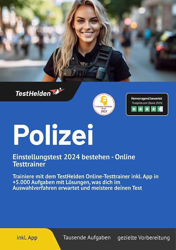 Polizei Einstellungstest bestehen: Online Testtrainer | Trainiere mit dem TestHelden Online-Testtrainer inkl. App in +5.000 Aufgaben mit Lösungen, was dich im Auswahlverfahren erwartet und meistere deinen Test