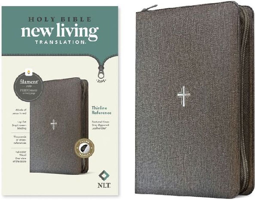 NLT Thinline Reference Zipper Bible, Filament Enabled (Leatherlike, Textured Cross Gray, Indexed, Red Letter)