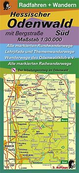 Radfahren + Wandern - Hessischer Odenwald mit Bergstraße - Süd. Maßstab 1:30.000 Alle markierten Rundwanderwege Lehrpfade und Themenwanderwege Wanderwege des Odenwaldklub e.V. Alle markierten Radwanderwege Der Nibelungensteig im Odenwald 3. Auflage