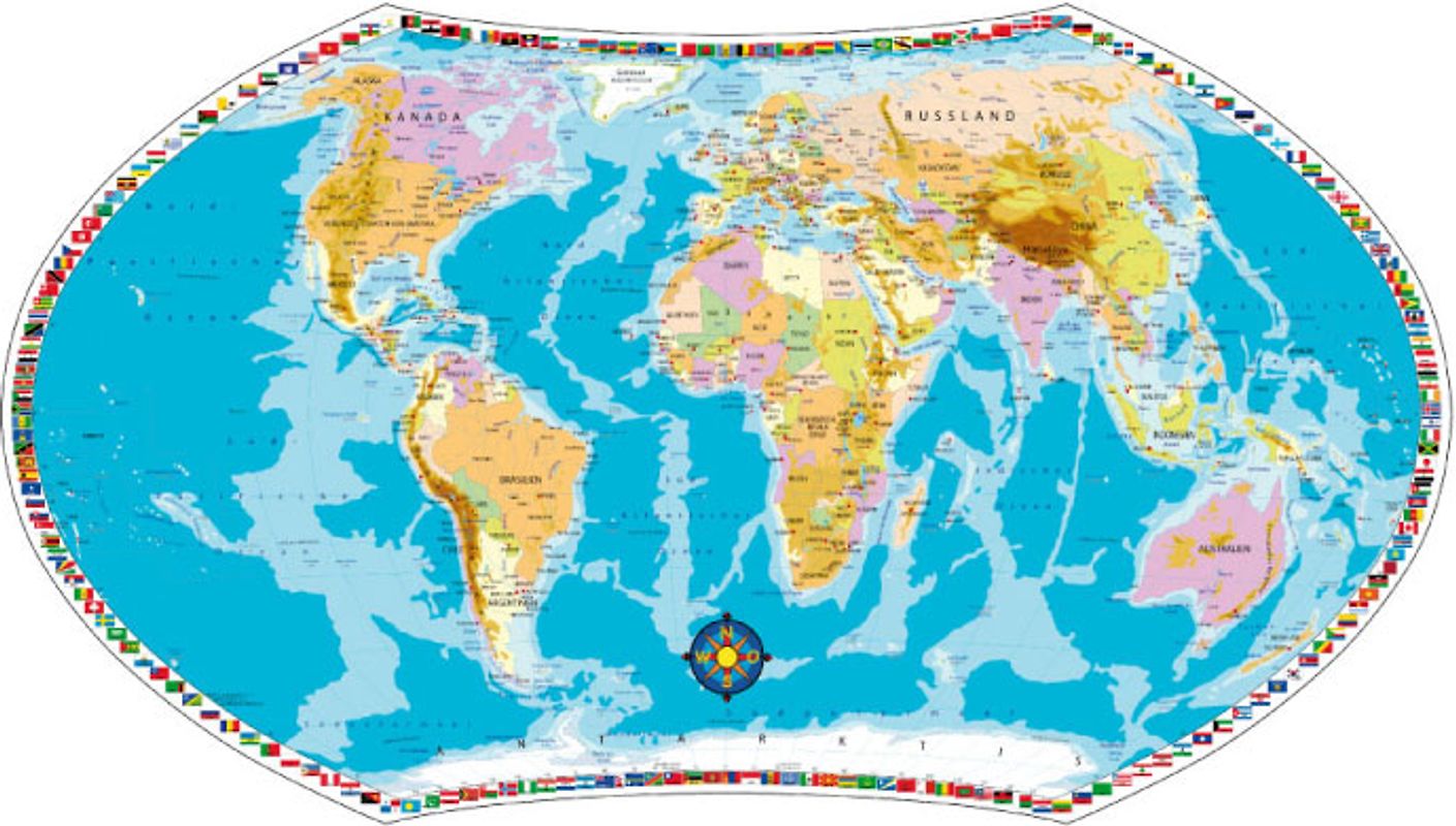 Politische Weltkarte mitphysischen Komponenten für Erwachsene und Kinder. Planokarte in Hülse gerollt, Mehrfarbendruck, flächig glänzend lackiert, abwaschbar