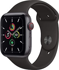Apple Watch SE 44 mm kast van spacegrijs aluminium met zwart sportbandje [wifi + cellular]