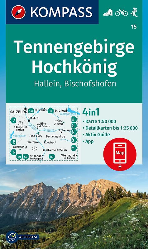 KOMPASS Wanderkarte 15 Tennengebirge, Hochkönig, Hallein, Bischofshofen 1:50.000