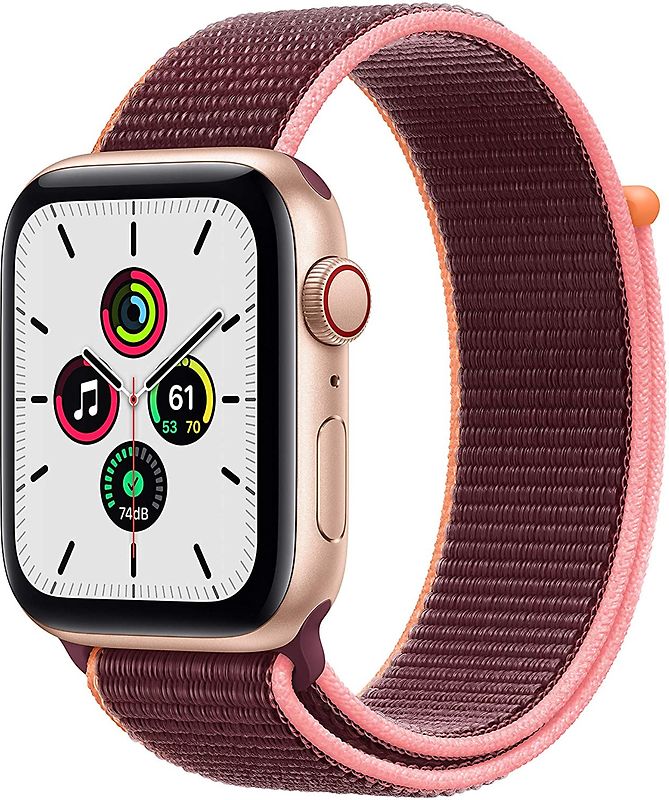 Apple Watch SE 44 mm boîter aluminium or et boucle Sport prune [Wi-Fi + Cellulaire]