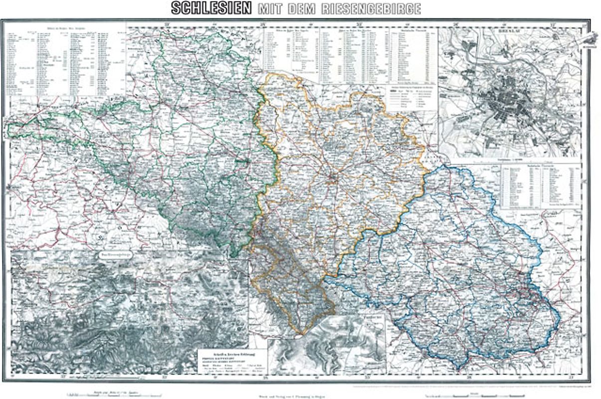 General-Karte von Schlesien mit dem Riesengebirge - um 1890 [gerollt]. Historische Karte [Regierungsbezirk Liegnitz, Oppeln und Breslau]
