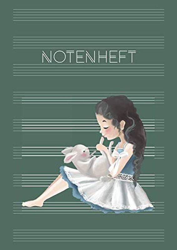 Notenheft: Schule & Unterricht & Hobby | Musik Schreibheft | DIN A4 Blanko Notensysteme mit Inhaltsverzeichnis | große Lineatur für Kinder & Anfänger - Motiv: Mädchen mit Hase