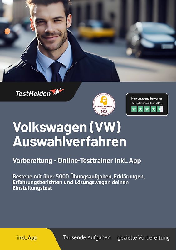 Volkswagen (VW) Auswahlverfahren Vorbereitung: Online-Testtrainer inkl. App | Bestehe mit über 5000 Übungsaufgaben, Erklärungen, Erfahrungsberichten und Lösungswegen deinen Einstellungstest