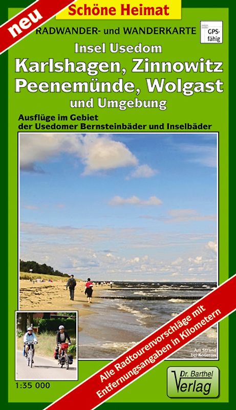 Radwander- und Wanderkarte Insel Usedom, Karlshagen, Zinnowitz, Peenemünde, Wolgast und Umgebung