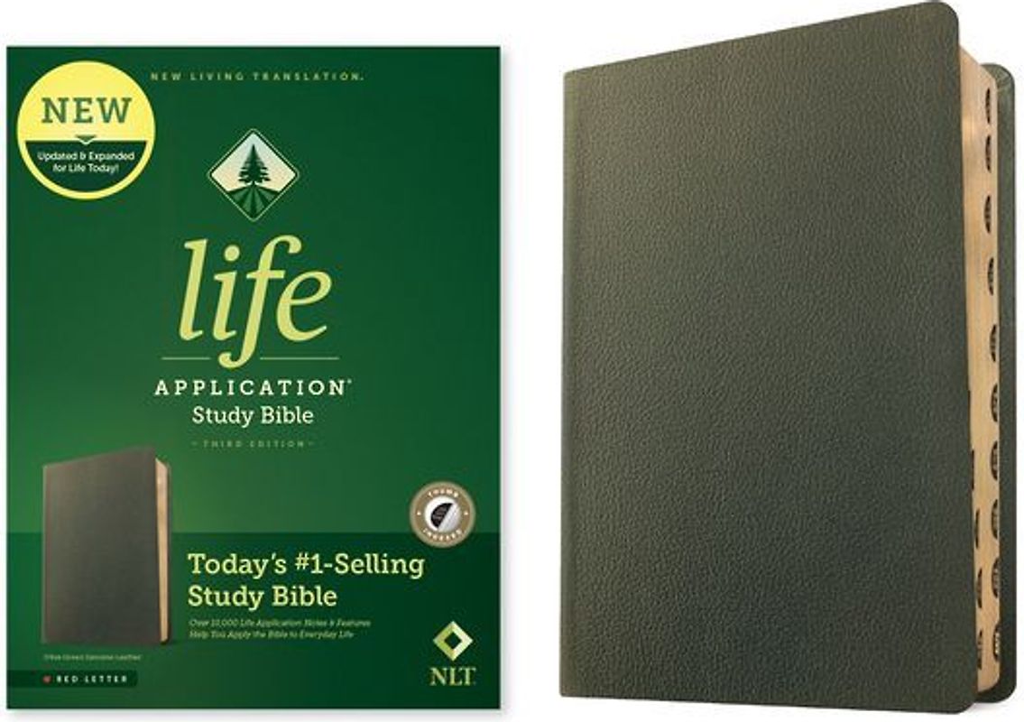NLT Life Application Study Bible, Third Edition (Genuine Leather, Olive Green, Indexed, Red Letter)
