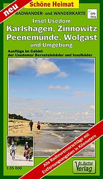 Radwander- und Wanderkarte Insel Usedom, Karlshagen, Zinnowitz, Peenemünde, Wolgast und Umgebung