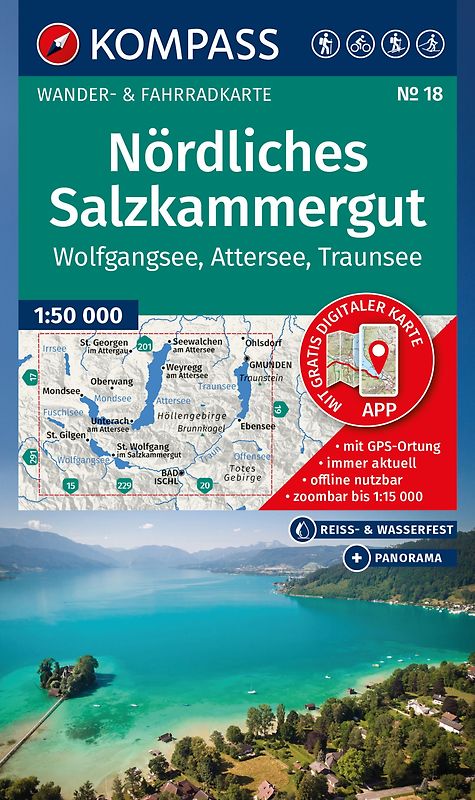 KOMPASS Wanderkarte 18 Nördliches Salzkammergut, Wolfgangsee, Attersee, Traunsee 1:50.000