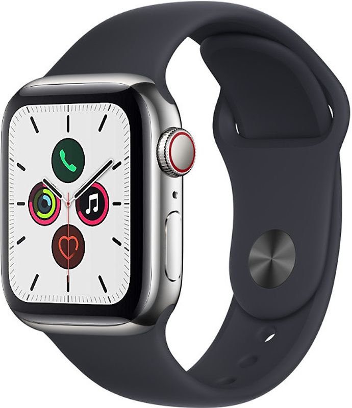 Apple Watch Series 5 40 mm Boîtier acier inoxydable argent Bracelet Sport noir [Wi-Fi + Cellulaire]