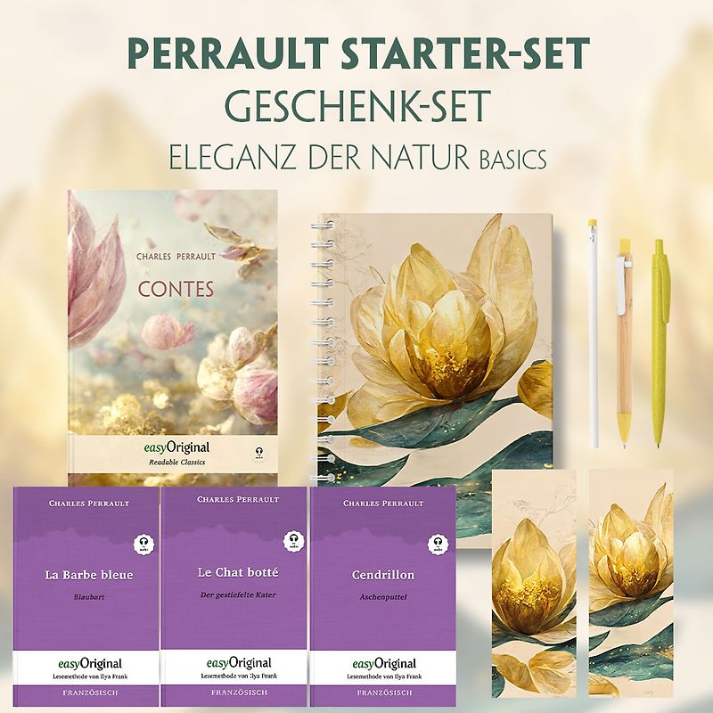 Charles Perrault Starter-Paket Geschenkset - 4 Bücher (mit Audio-Online) + Eleganz der Natur Schreibset Basics