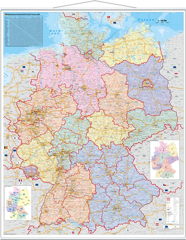 Deutschland Organisationskarte. Wandkarte mit Metallbeleistung