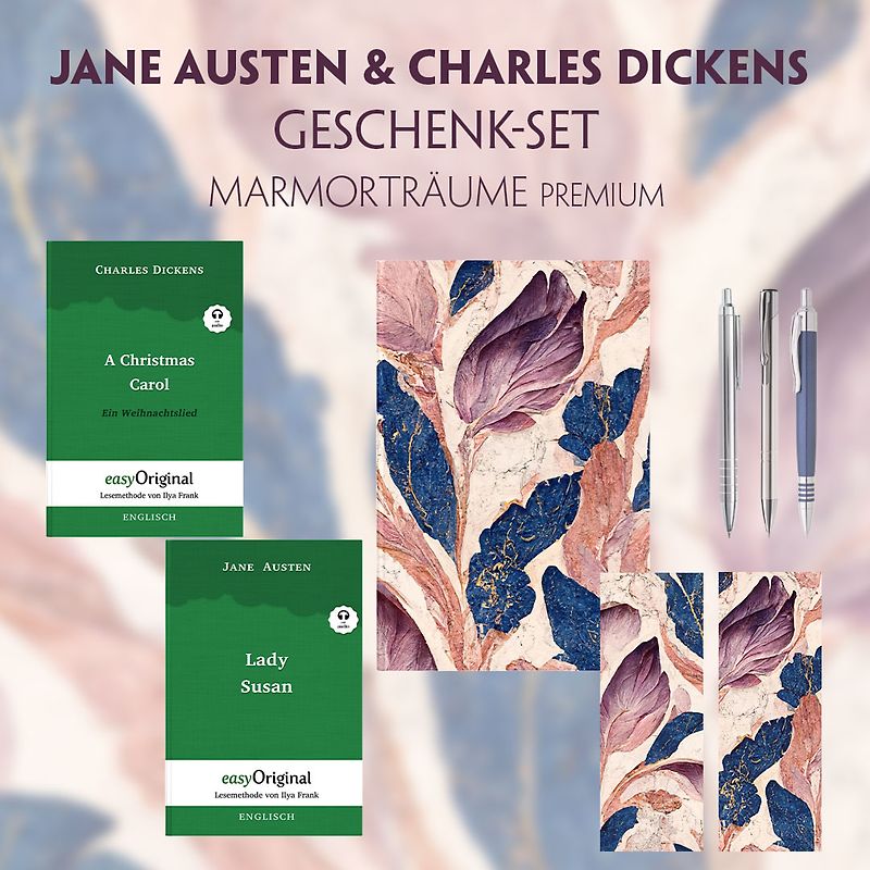 Jane Austen & Charles Dickens Geschenkset - 2 Bücher (Hardcover+ Audio-Online) + Marmorträume Schreibset Premium
