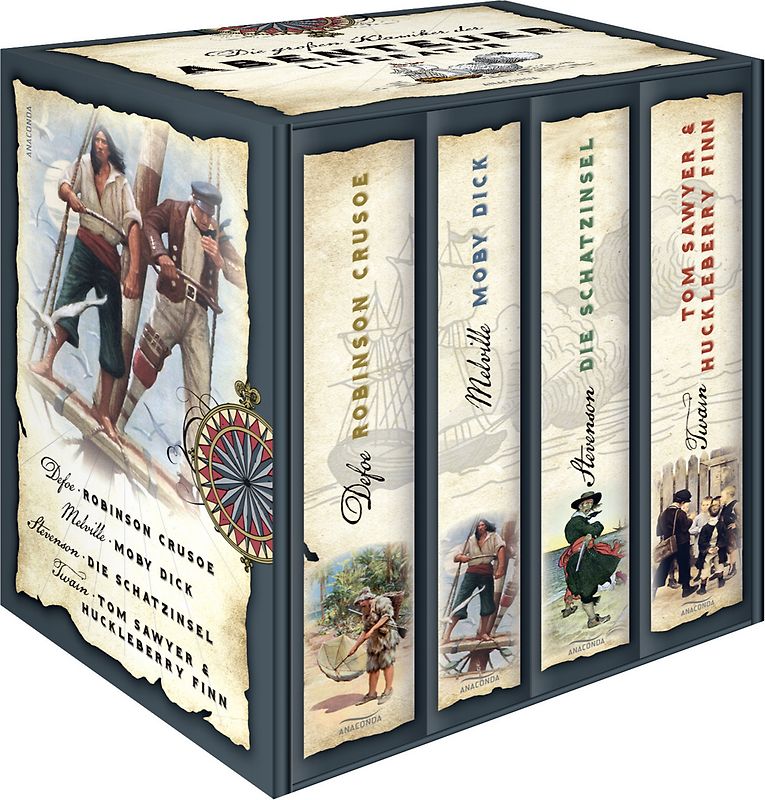 Die großen Klassiker der Abenteuerliteratur (Daniel Defoe, Robinson Crusoe - Herman Melville, Moby Dick - Robert Lous Stevenson, Die Schatzinsel - Mark Twain, Tom Sawyer & Huckleberry Finn) (4 Bände im Schuber)