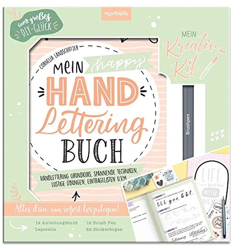 Mein Kreativ-Kit: Mein happy Handlettering Buch -Handlettering Grundkurs, spannende Techniken, lustige Übungen, Eintraglisten u.v.m.: Kreativ-Set mit ... Stift, Sticker und Vorlagen (monbijou)