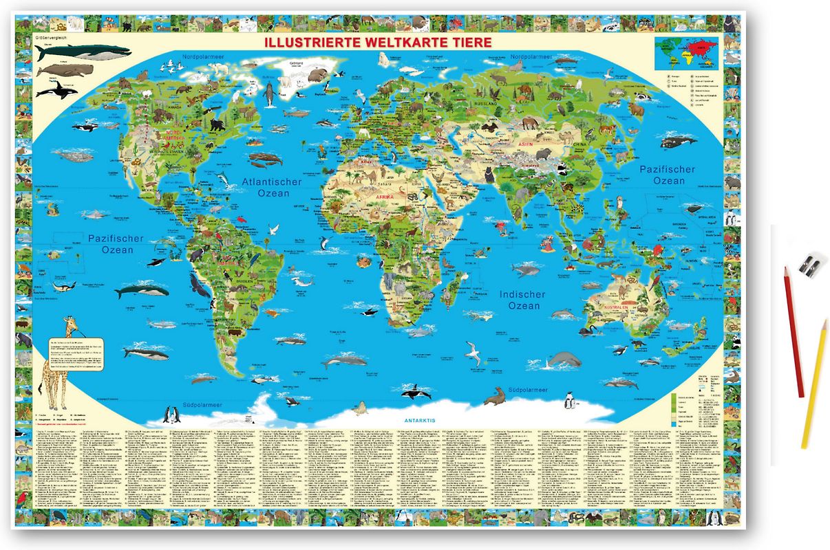 Illustrierte Weltkarte Tiere. Schreibunterlage