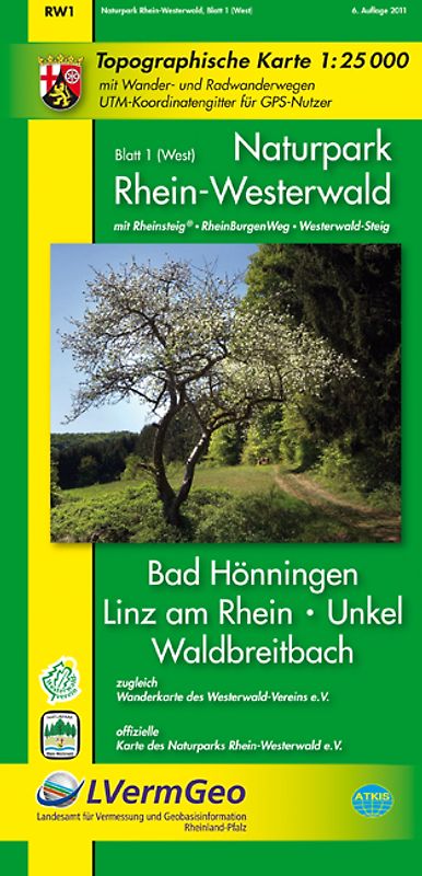 Naturpark Rhein-Westerwald/Blatt 1 (West) - Bad Hönningen, Linz am Rhein, Unkel, Waldbreitbach (WR). Naturparkkarte 1:25000 mit Wanderwegen sowie dem Verlauf des Westerwald-, des Rheinsteigs und des RheinBurgenWegs