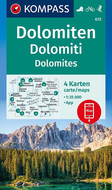 KOMPASS Wanderkarten-Set 672 Dolomiten, Dolomiti, Dolomites (4 Karten) 1:35.000
