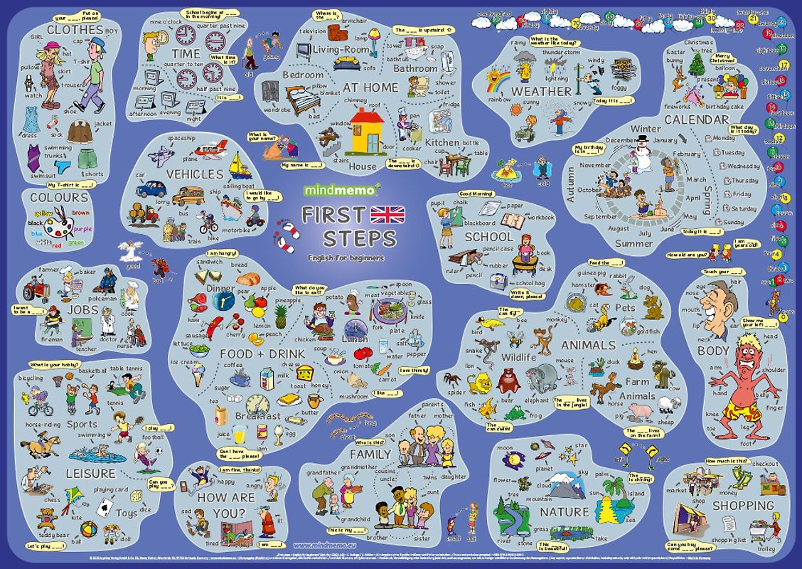mindmemo Lernposter - First Steps - Englisch für Anfänger - spielend Englisch lernen Kinder. Vokabeln lernen mit Bildern Lernhilfe Poster DIN A2 42x59 cm PremiumEdition in Transportrolle