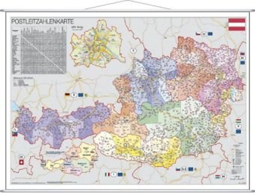 Österreich Postleitzahlen. Wandkarte mit Metallbeleistung