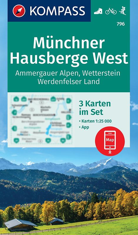 KOMPASS Wanderkarten-Set 796 Münchner Hausberge West, Ammergauer Alpen, Wetterstein, Werdenfelser Land (3 Karten) 1:25.000