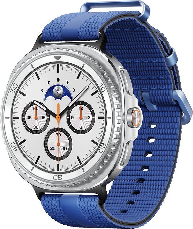 Samsung Galaxy Watch8 Classic 46 mm Boîtier aluminium blanc sur Sport Chic S/M bleu nuit [Wi-Fi]