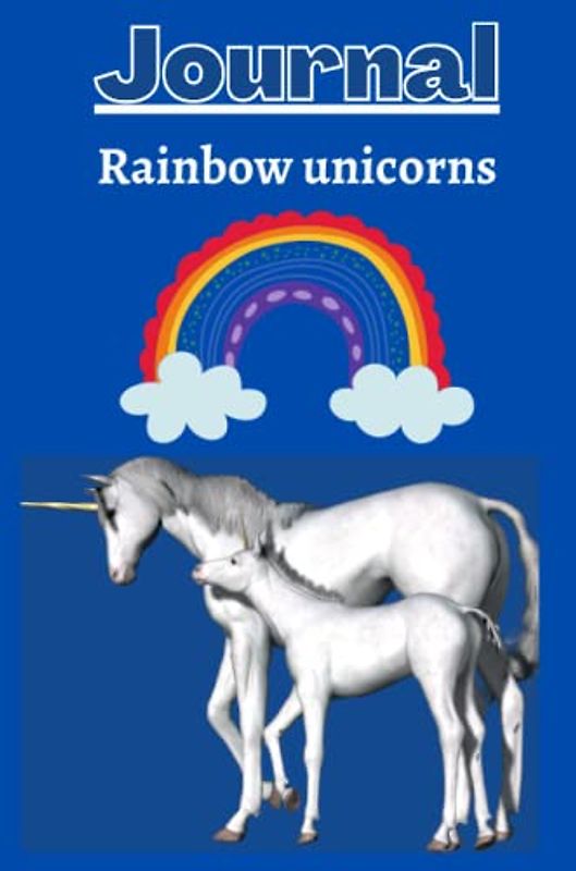 Rainbow with unicorns Journal with a cobalt blue background
