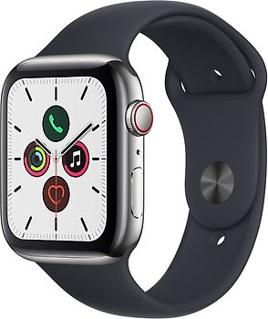 Apple Watch Series 5 44 mm Boîtier acier inoxydable argent Bracelet Sport noir [Wi-Fi + Cellulaire]