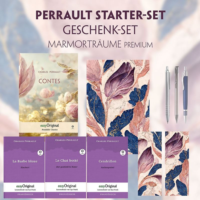 Charles Perrault Starter-Paket Geschenkset - 4 Bücher (mit Audio-Online) + Marmorträume Schreibset Premium