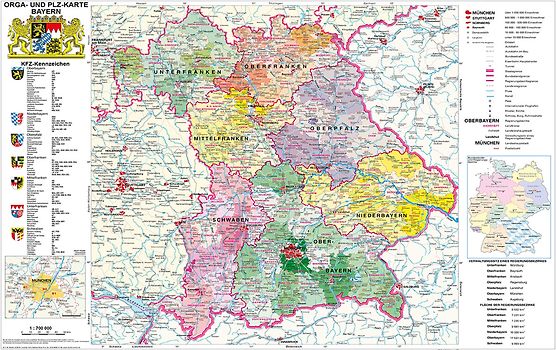 Bayern politisch mit Postleitzahlen. Wandkarte / Poster