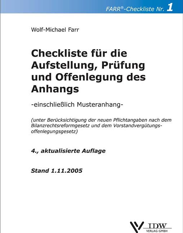 Checkliste für die Aufstellung, Prüfung und Offenlegung des Anhangs