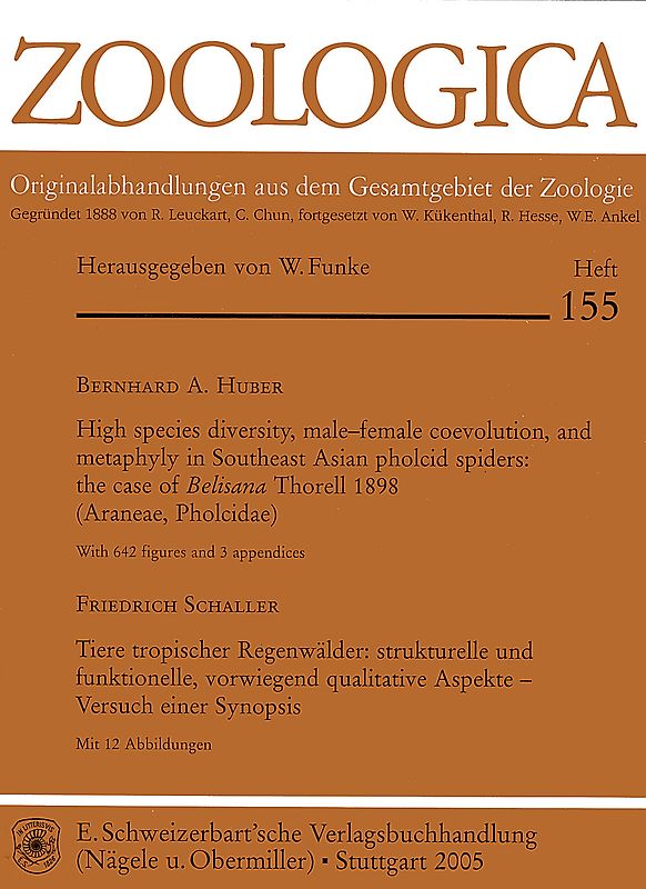 High species diversity, male-female coevolution, and metaphyly in Southeast Asian pholcid spiders: the case of Belisana Thorell 1898 (Araneae, Pholcidae). - Tiere tropischer Regenwälder: strukturelle und funktionelle, vorwiegend qualitative Aspekte - Versuch einer Synopsis