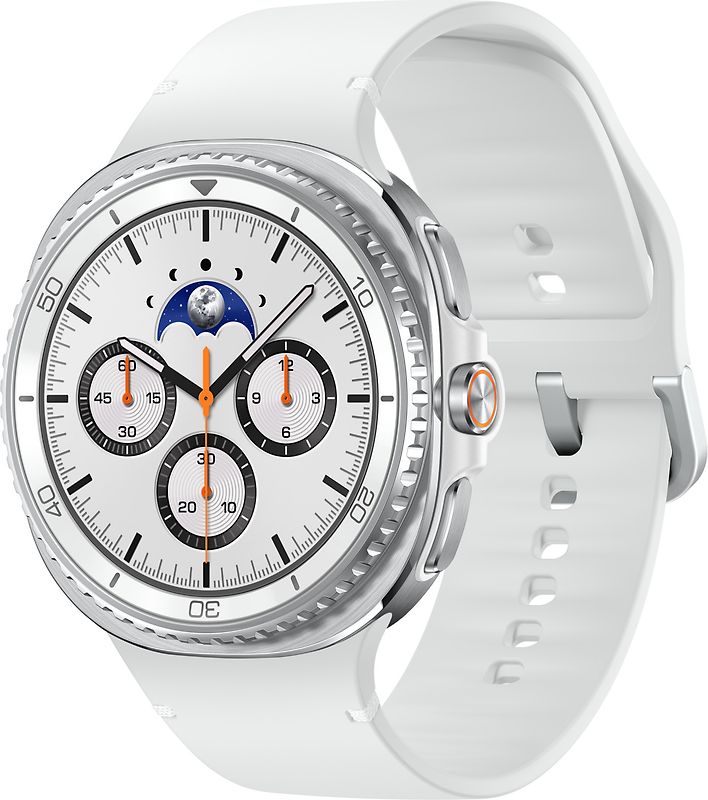 Samsung Galaxy Watch8 Classic 46 mm Boîtier aluminium blanc sur Sport en silicone M/L blanc [Wi-Fi + 4G]