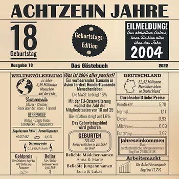 Achtzehn Jahre Das Gästebuch: Zum 18 Geburtstag / Geburtsjahr 2004 / Zeitung Design Mit Ereignissen Im Jahre 04 / Geschenk Und Geburtstagsdeko / Platz Für Glückwünsche Und Fotos