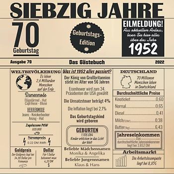 Siebzig Jahre Das Gästebuch: Zum 70 Geburtstag / Geburtsjahr 1952 / Zeitung Design Mit Ereignissen Im Jahre 52 / Geschenk Und Geburtstagsdeko / Platz Für Glückwünsche Und Fotos