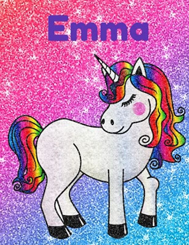 Emma Glittery Unicorn Notebook 8.5 x 11 Inches 100 Page Wide Ruled: Great gift for Emma for Christmas, Birthday and all occasions